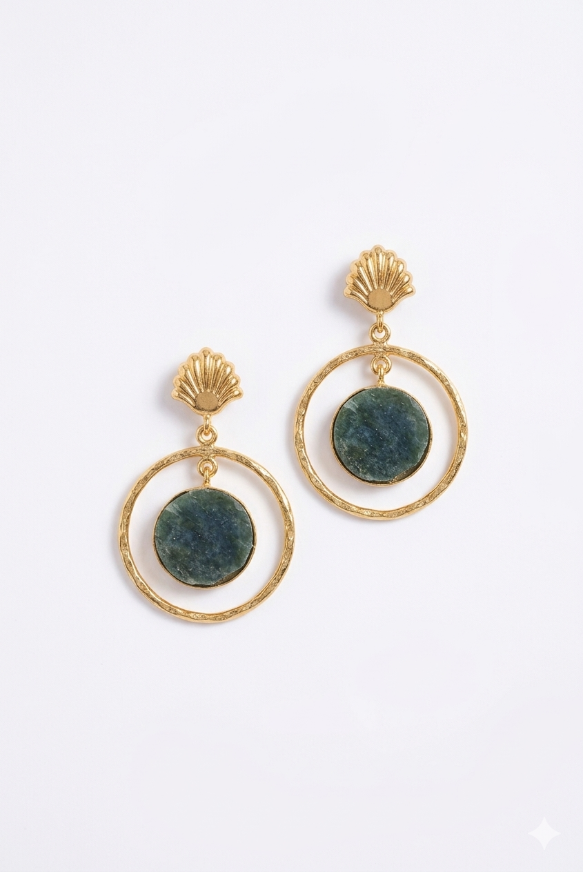 Green Stone Gold Hoop Earrings