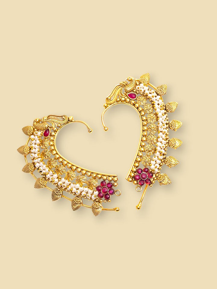Floral Peacock Gold-Plated Ear Cuffs