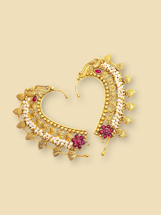 Floral Peacock Gold-Plated Ear Cuffs
