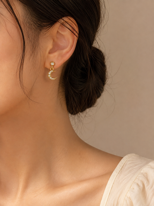 Crescent Moon Ball Back Earrings