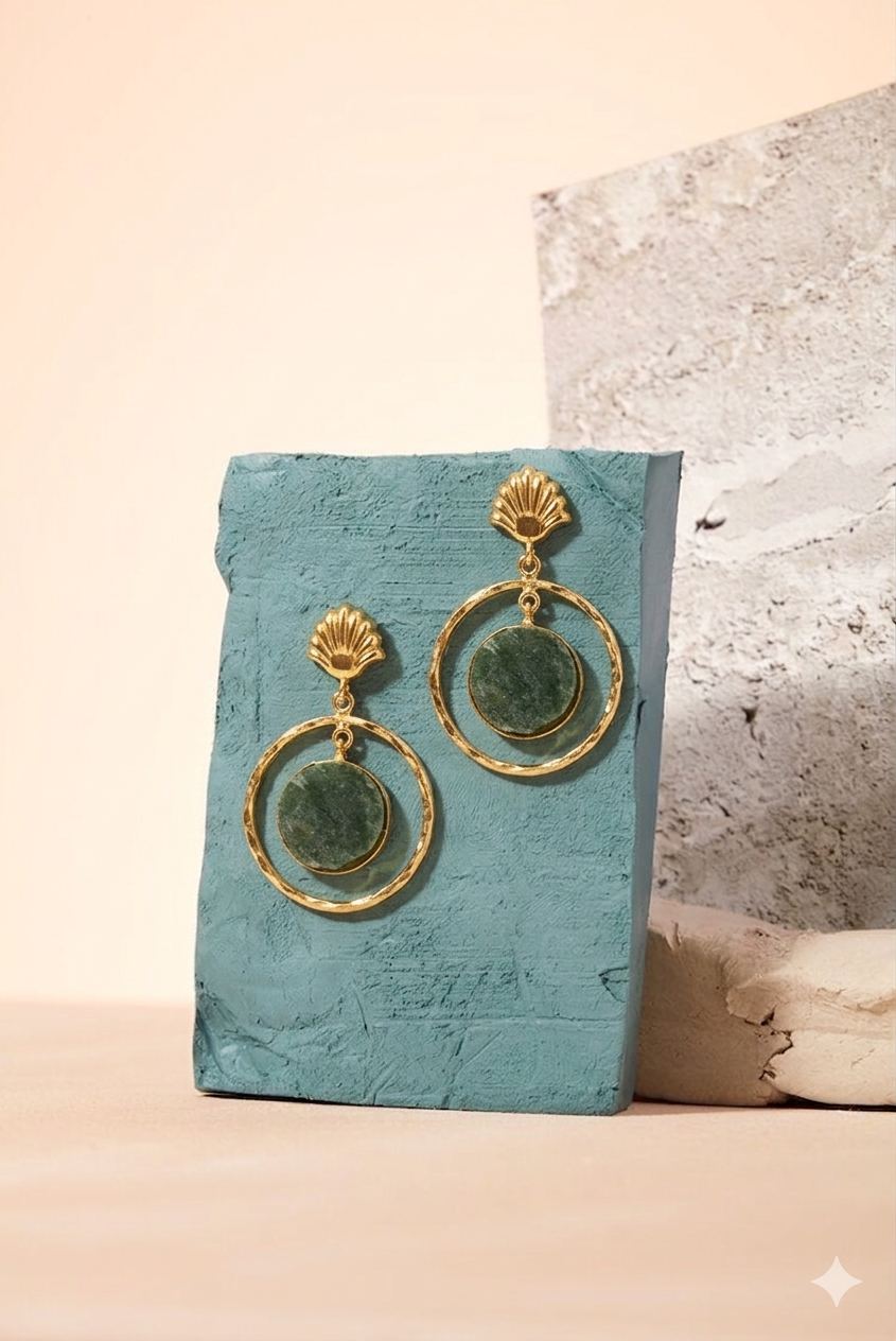 Green Stone Gold Hoop Earrings