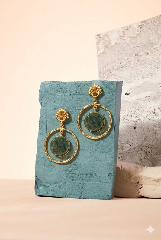 Green Stone Gold Hoop Earrings