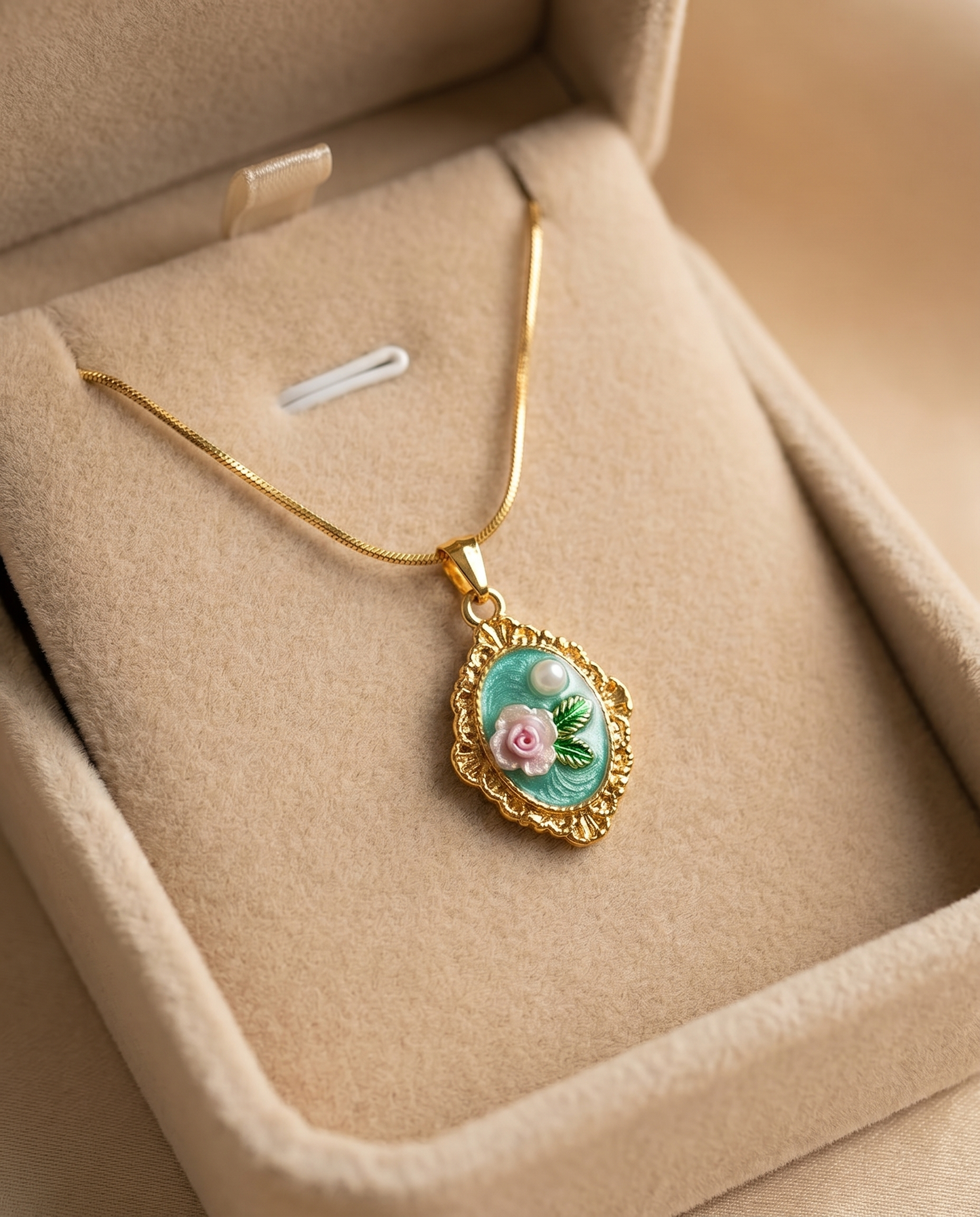Mint Rose Enamel Pendant Necklace