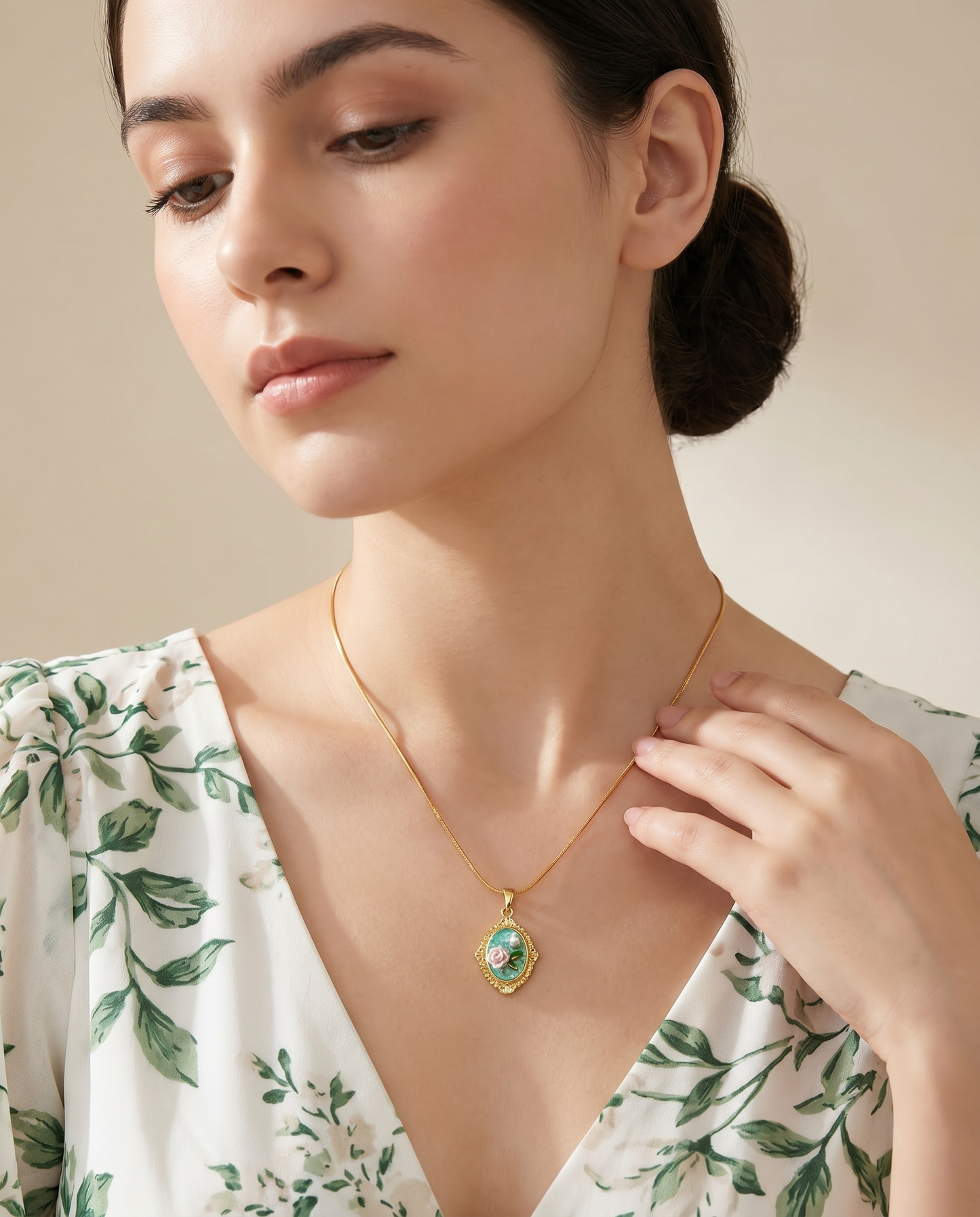 Mint Rose Enamel Pendant Necklace